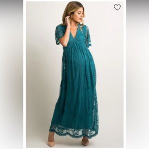 PinkBlush Teal Lace Mesh Overlay Maternity Maxi Dress